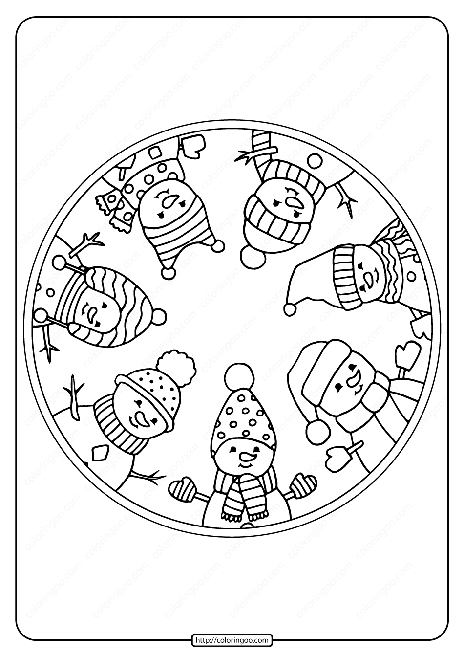 free printable snowmen circle pdf coloring page