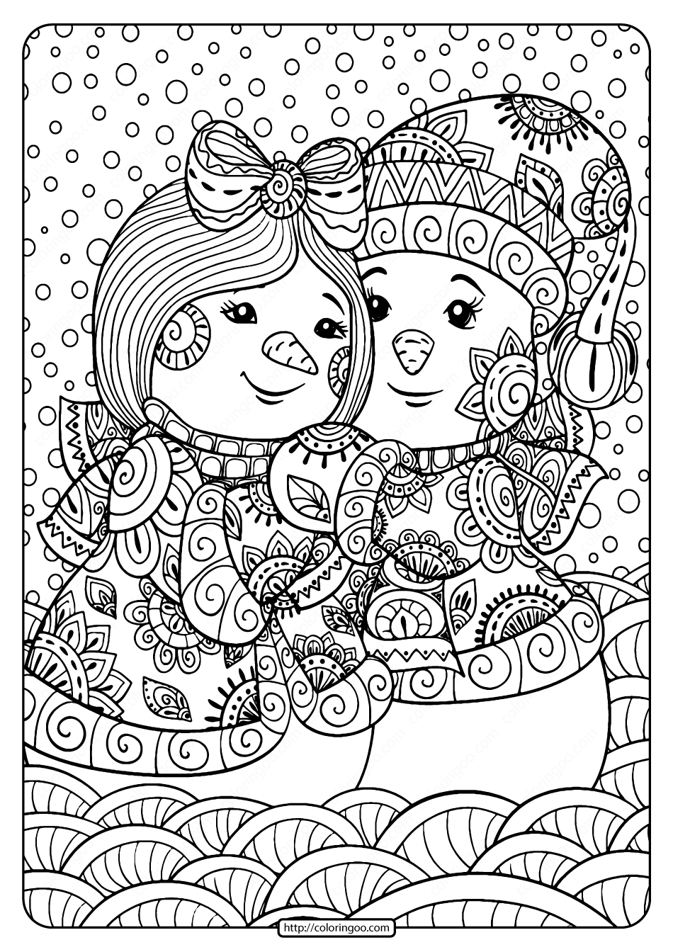 free printable snowmen couple pdf coloring page