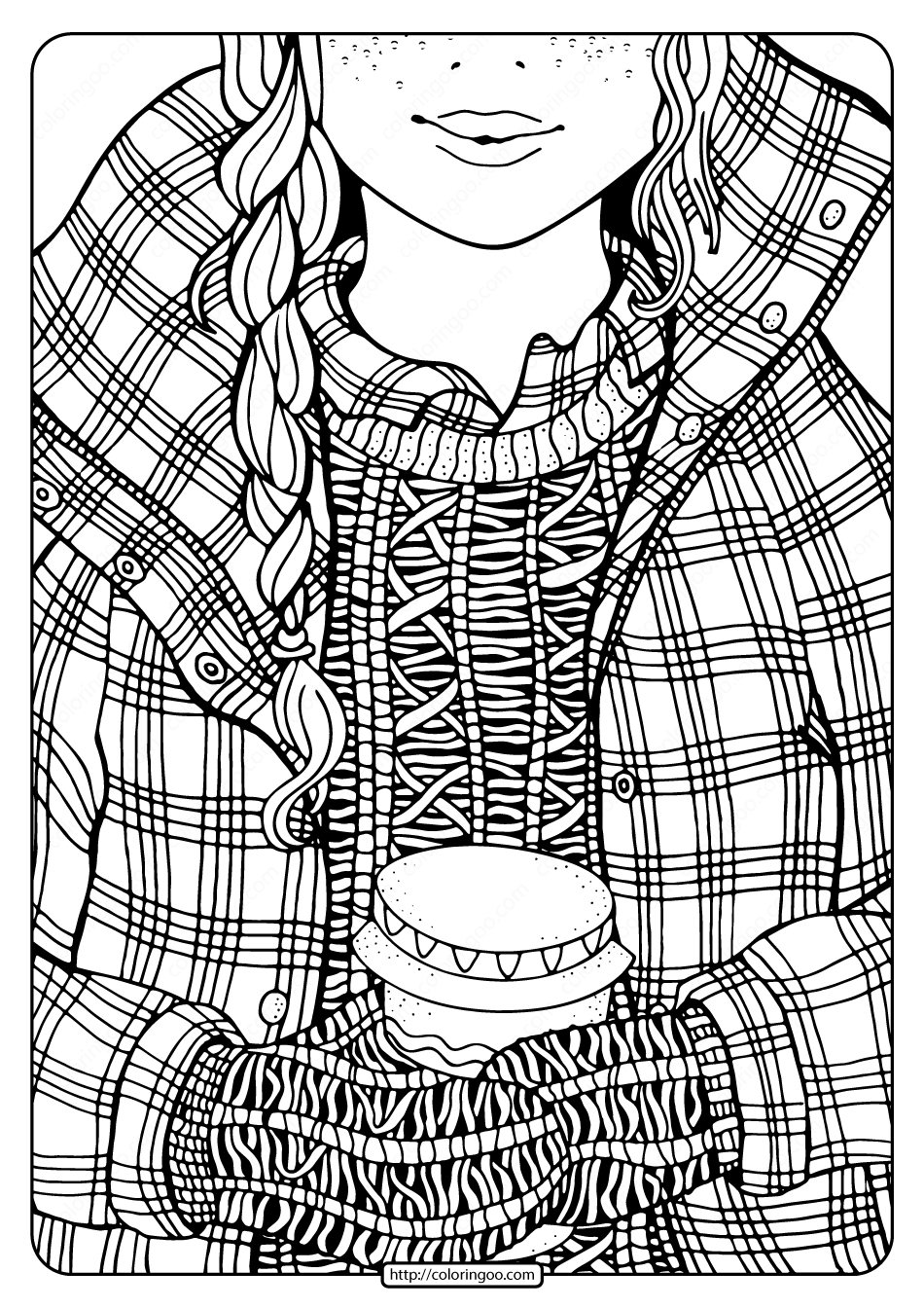 free printable winter girl and coffee coloring page