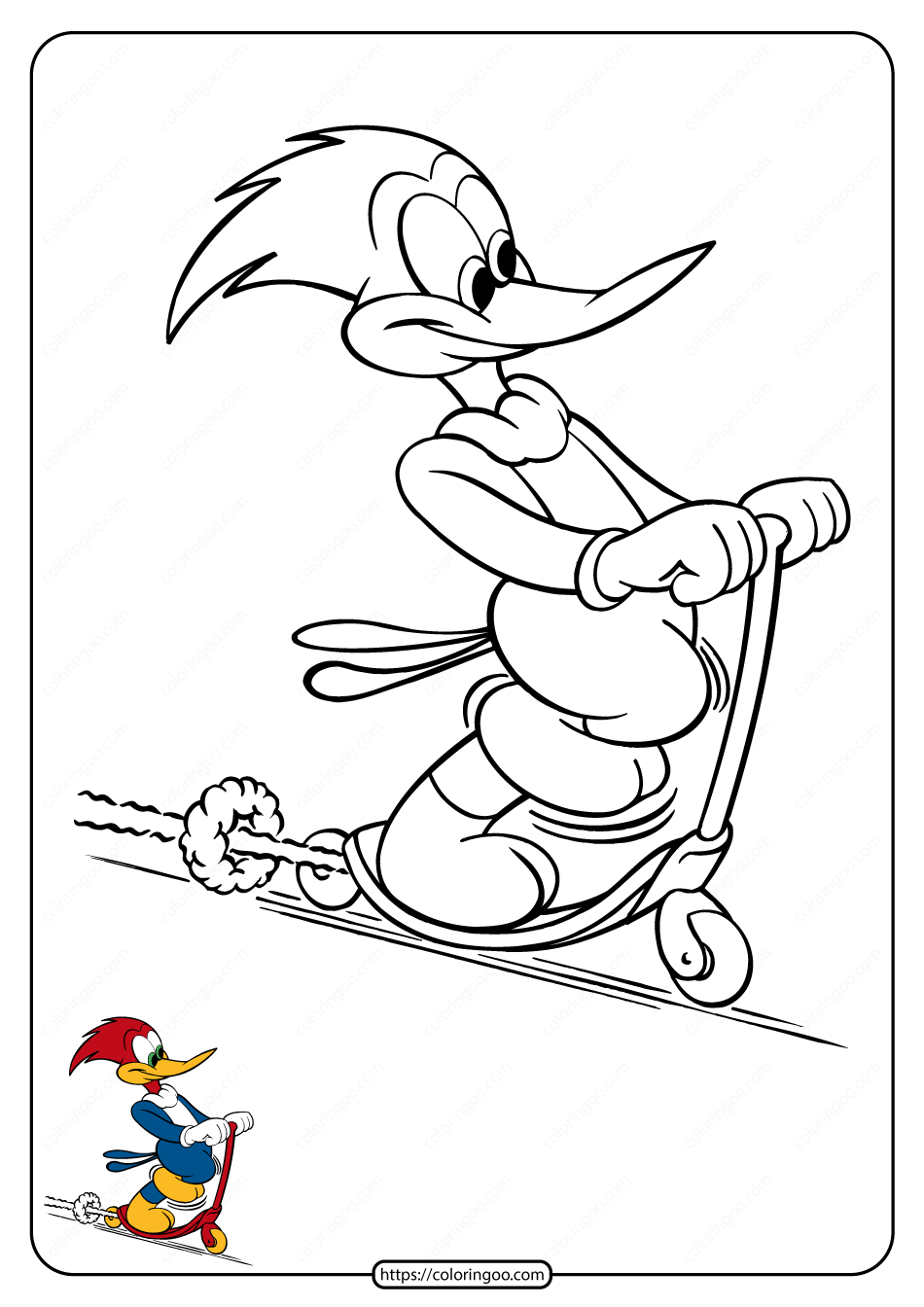 Woody Woodpecker Riding Scooter Coloring Page