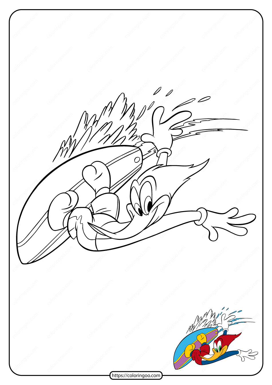 Woody Woodpecker Surfing Coloring Pages