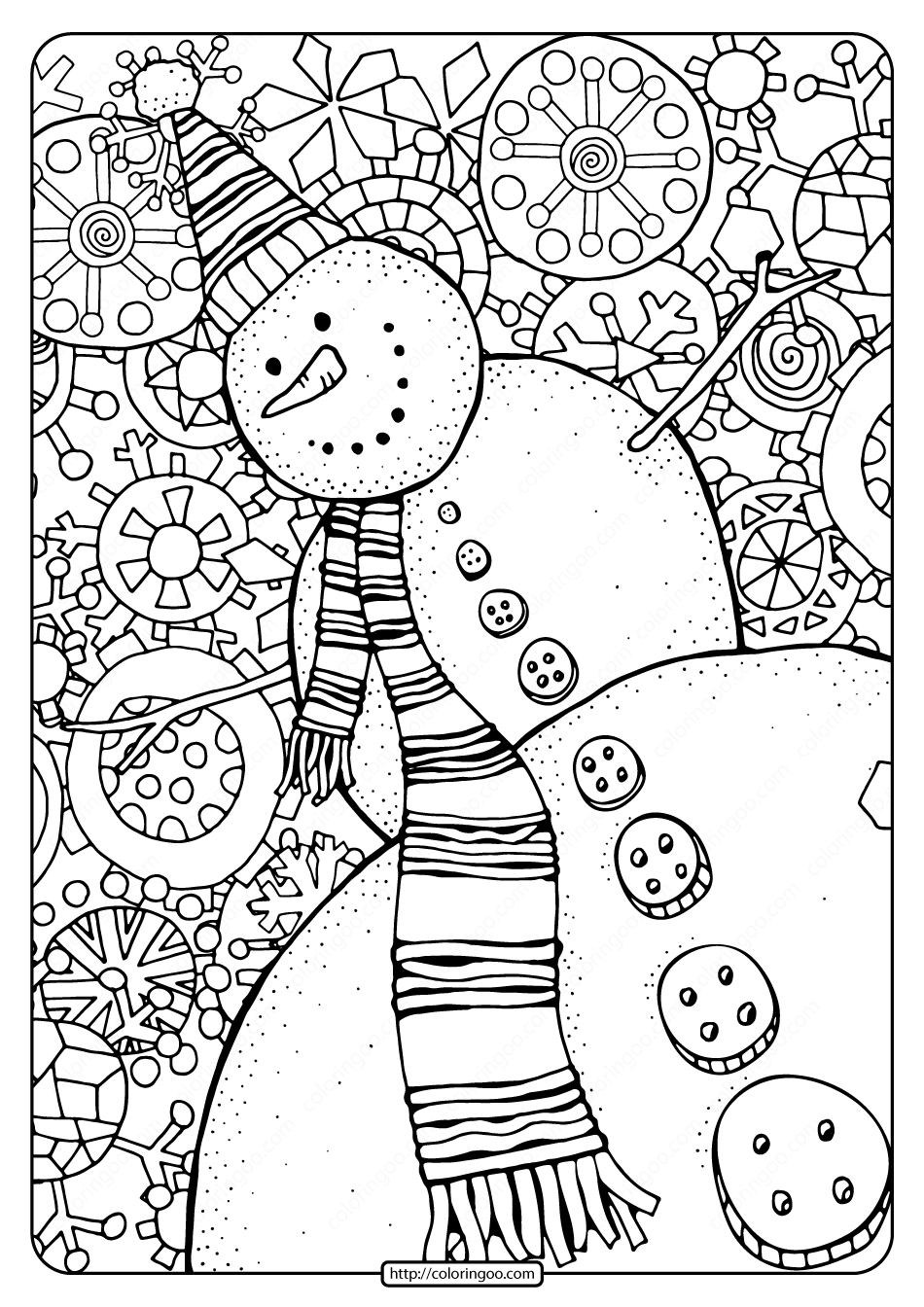 happy snowman with snowflakes pdf coloring page