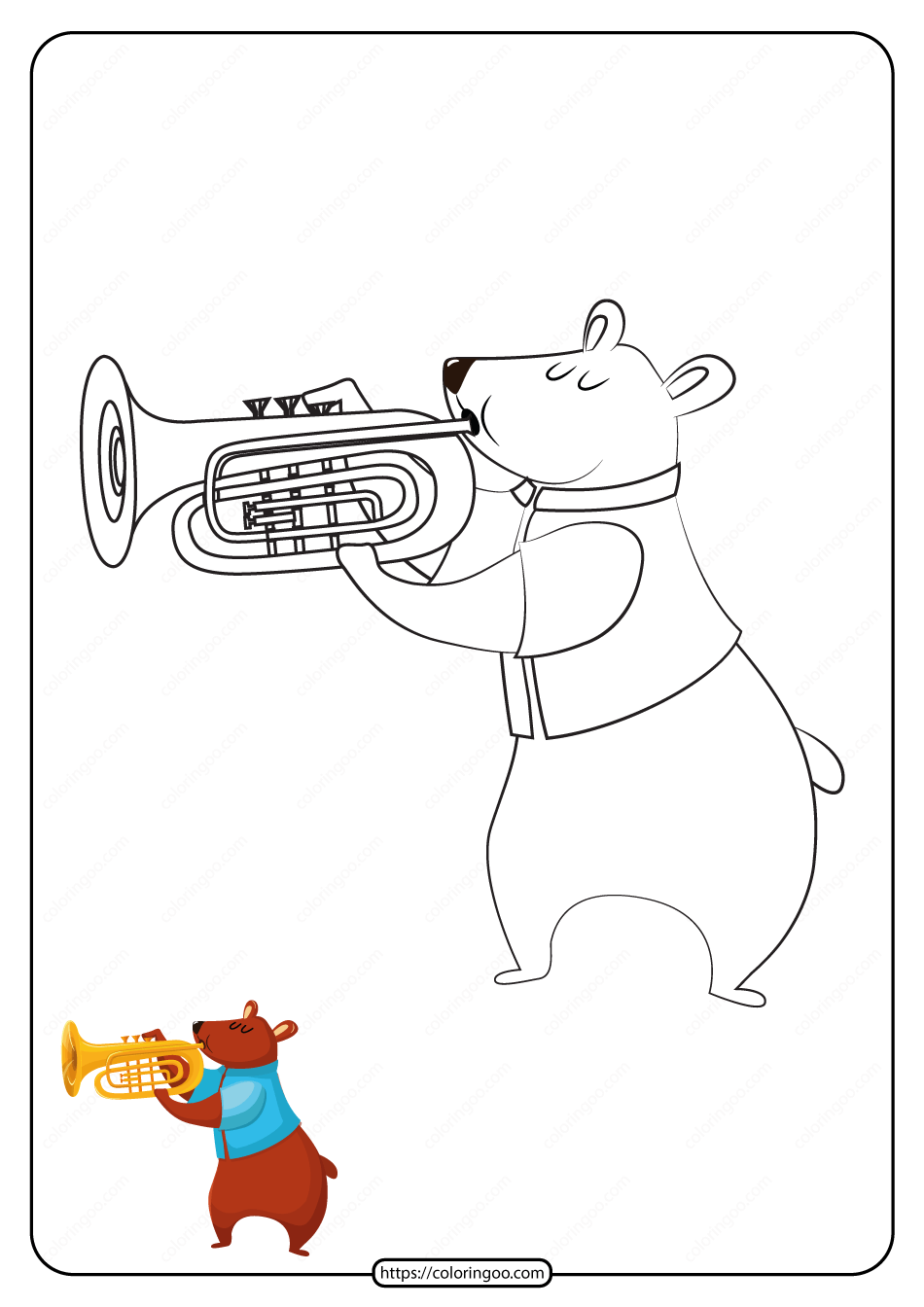 printable bear play a trumpet coloring page
