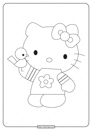printable hello kitty playing with a bird coloring page