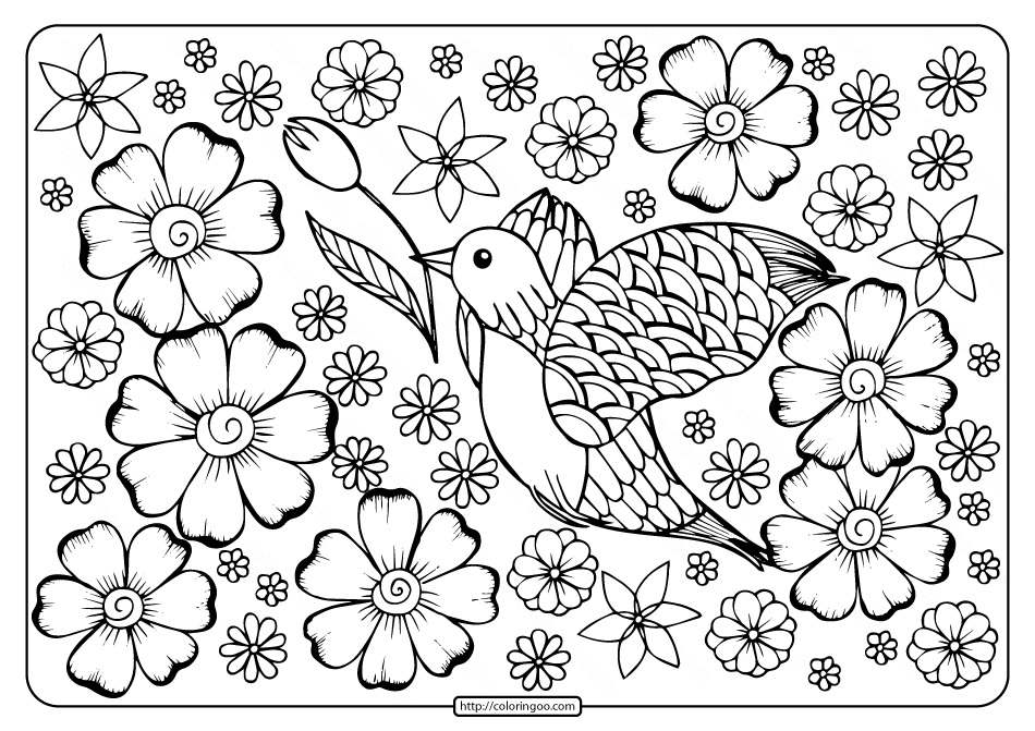 printable a bird in flowers coloring page
