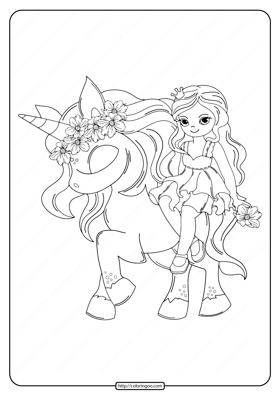 printable unicorn with princess coloring pages