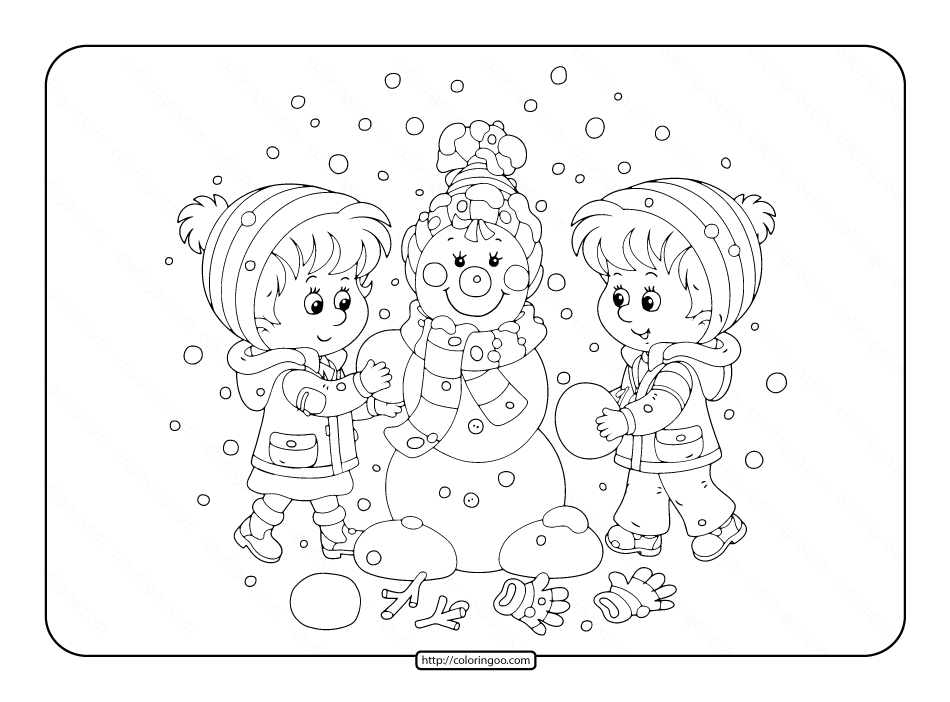 kids playing with a snowman coloring page