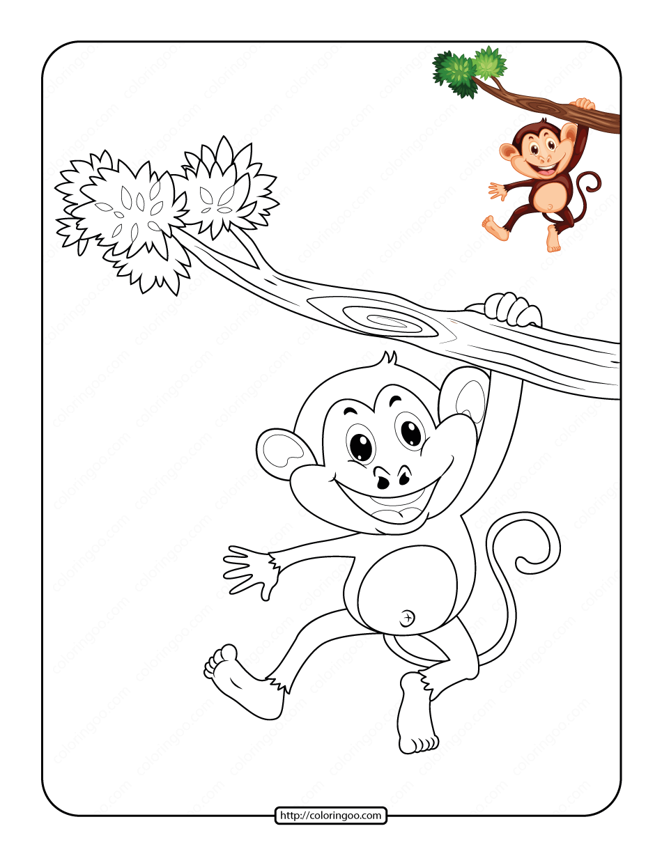 monkey hanging on the wood coloring page