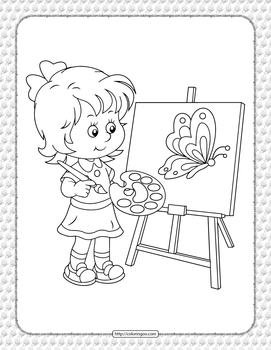 a girl painting coloring page