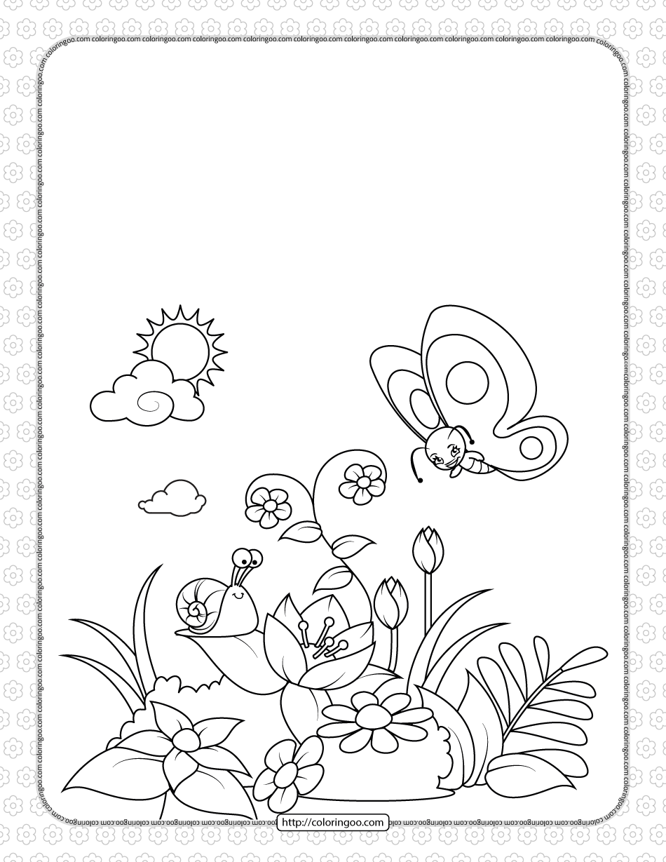 a snail and a butterfly on a flowering glade