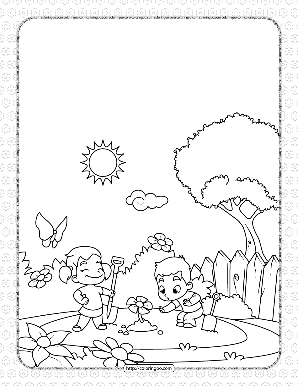 boy and girl plant flowers coloring page