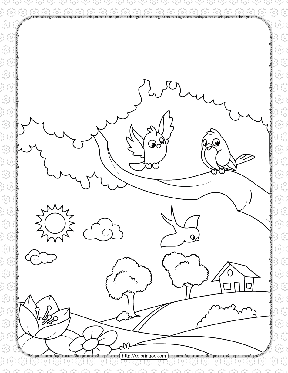 printable birds in the village coloring page