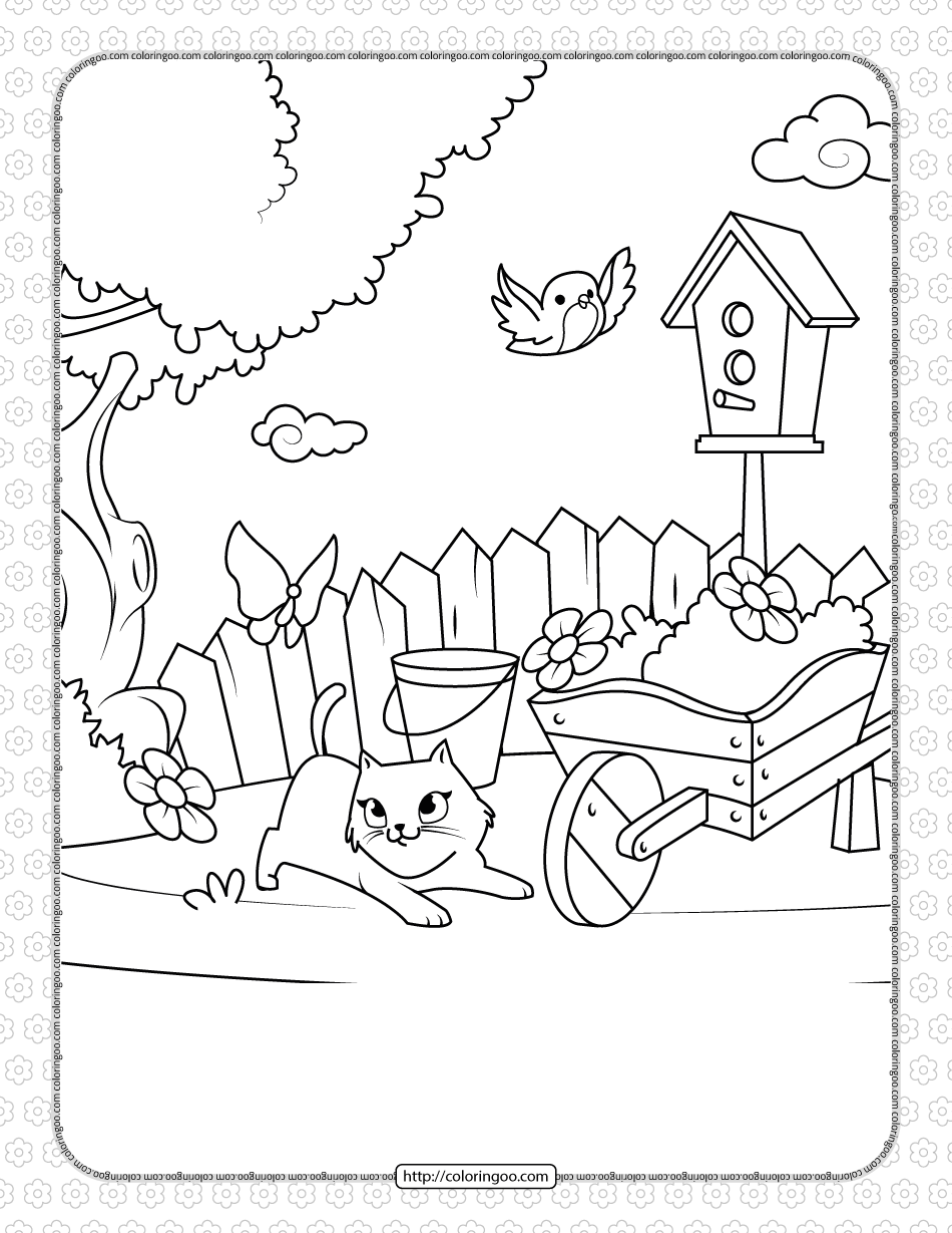 printable cat playing with a butterfly coloring page