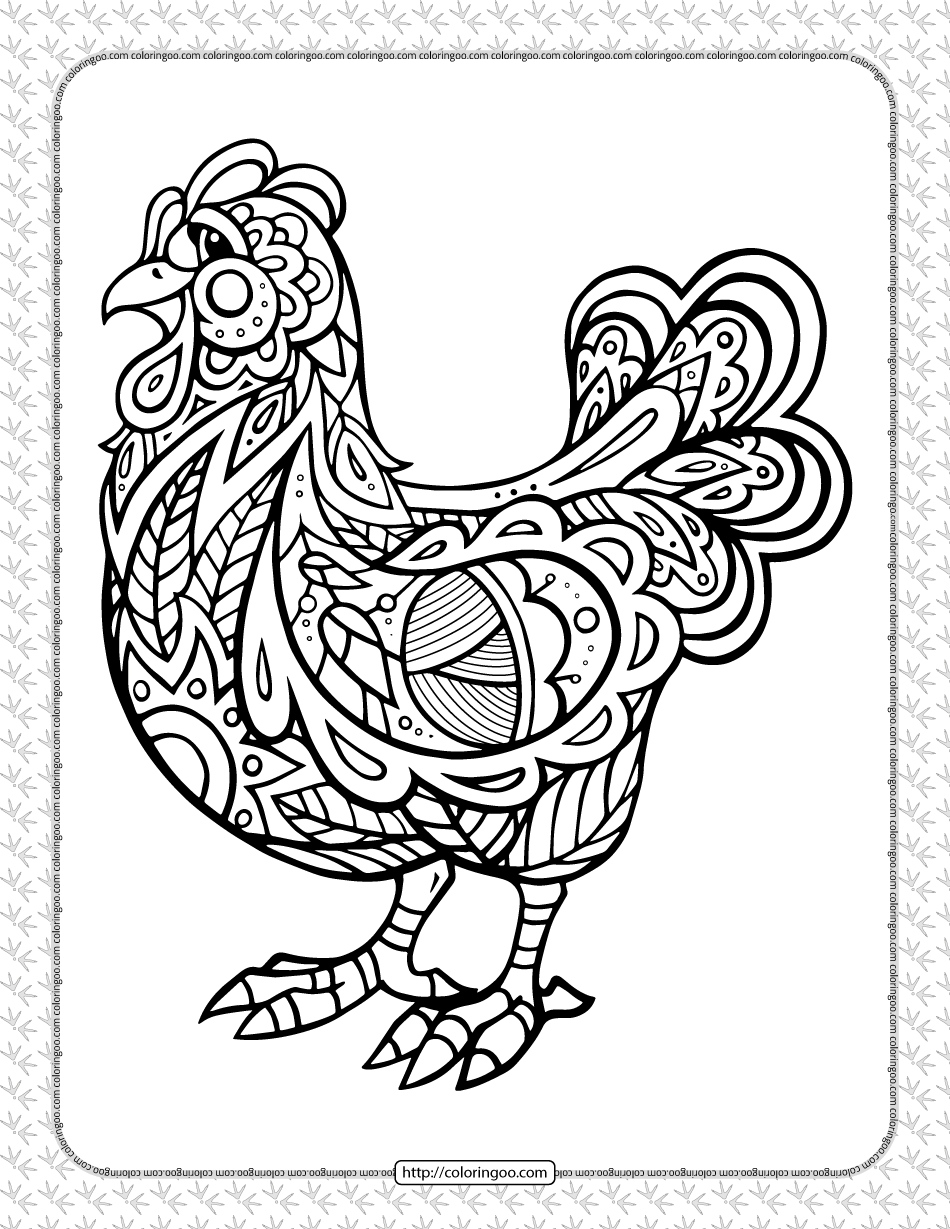 printable zentangle chicken coloring page