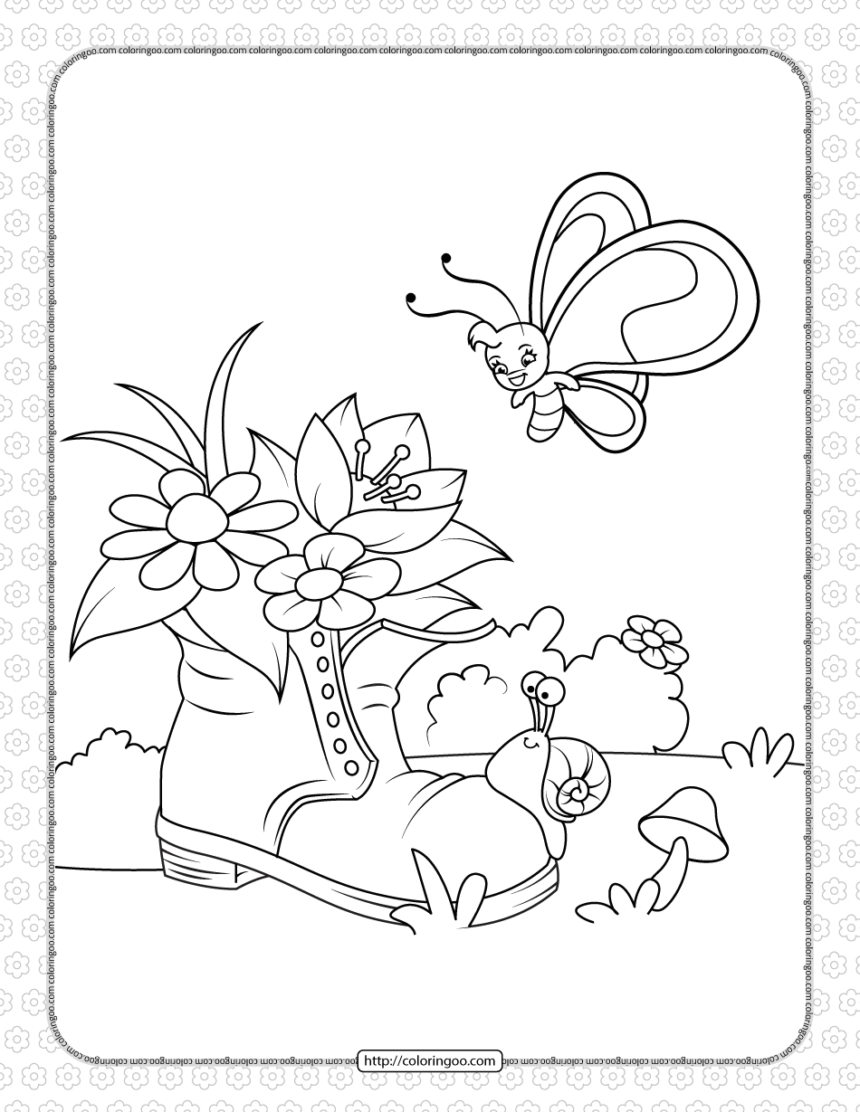 snail butterfly and old shoe with flowers coloring page