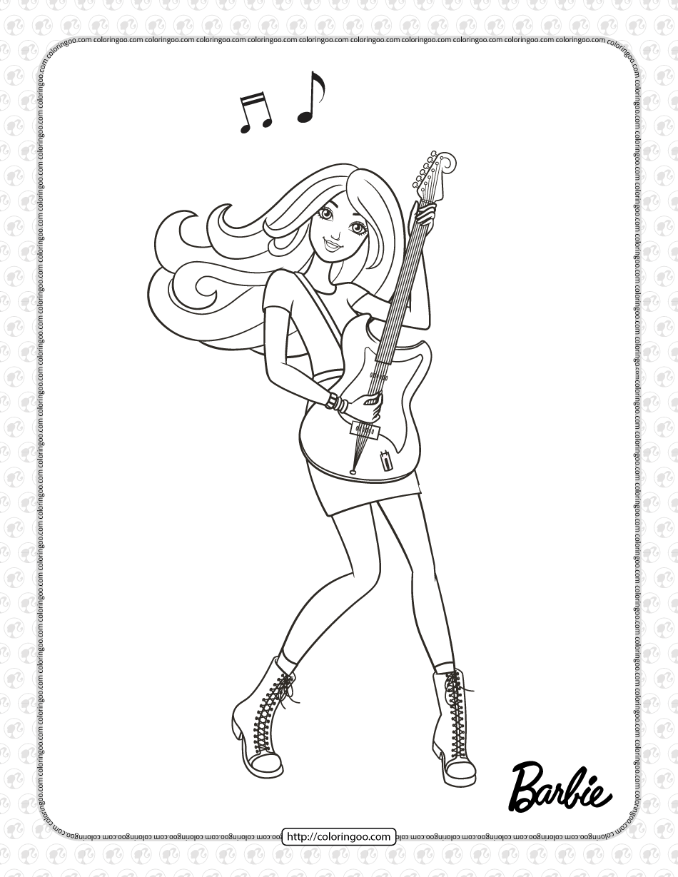 printable barbie playing guitar coloring page