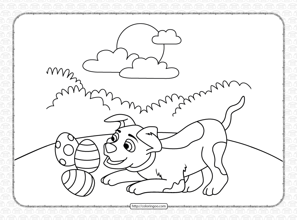 printable dog playing with easter eggs coloring page