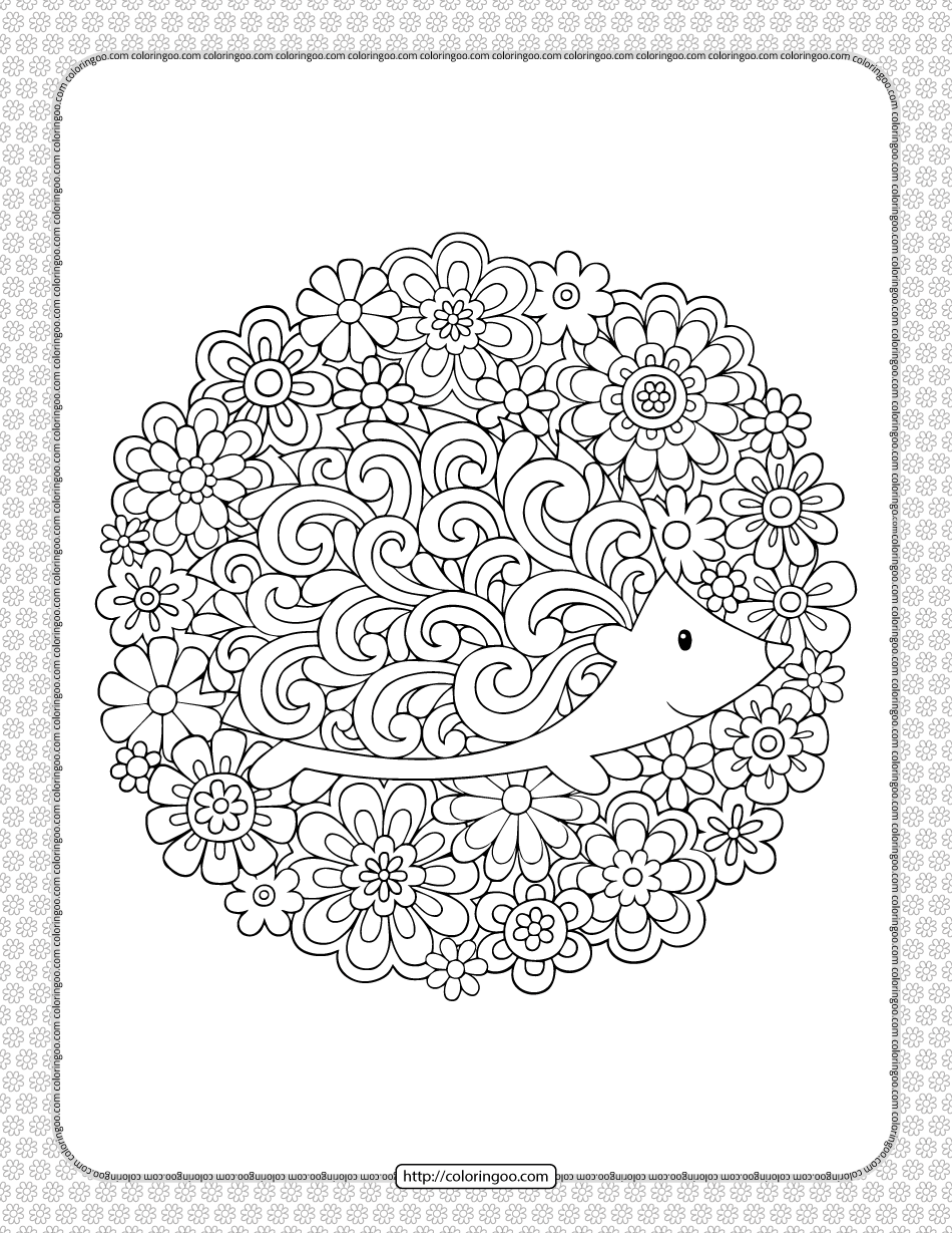 printable hedgehog in flowers coloring page