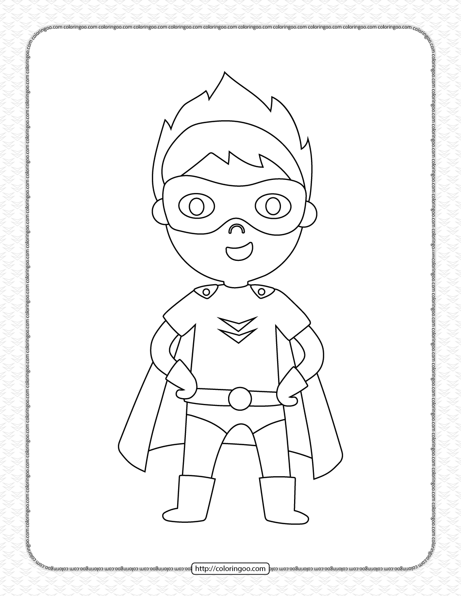 kid wearing superhero costume pdf coloring page