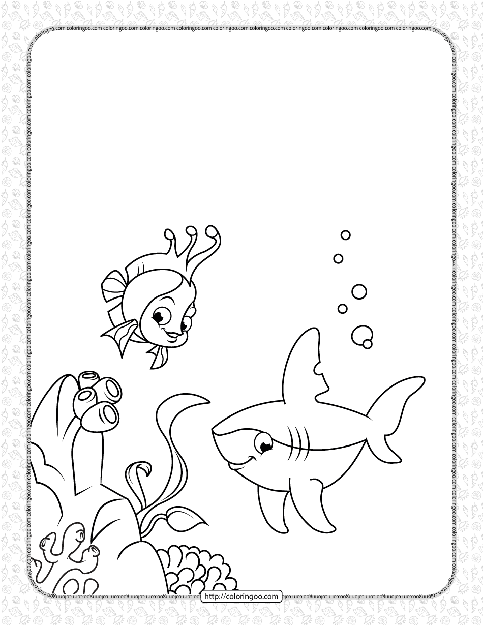 cute shark and coral reef fish coloring page
