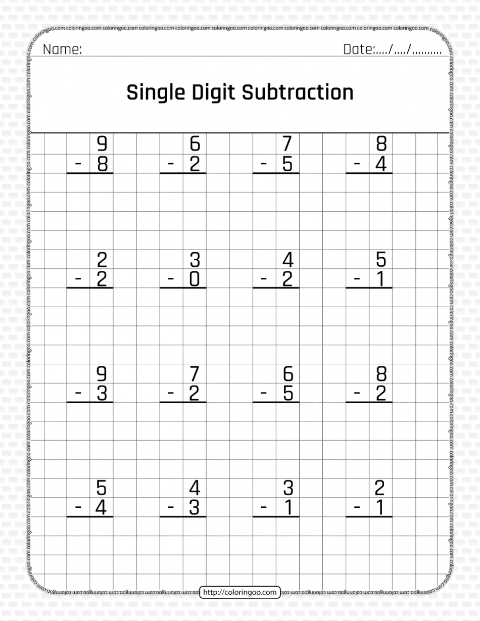 free single digit subtraction pdf worksheet