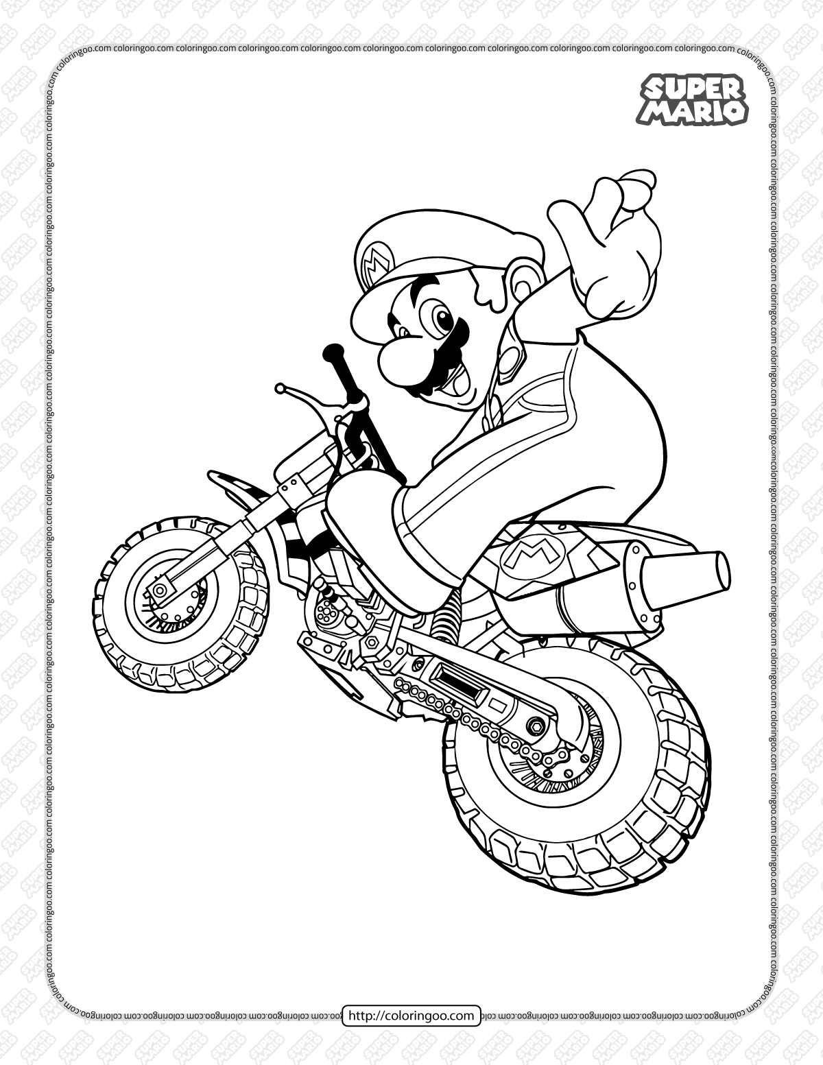 super mario rides a motorbike coloring page