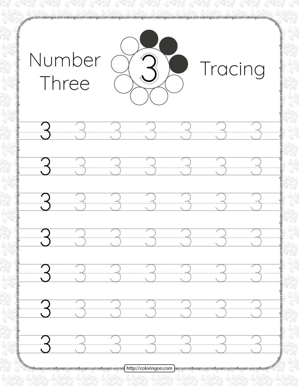 printable dotted number 3 tracing pdf worksheet