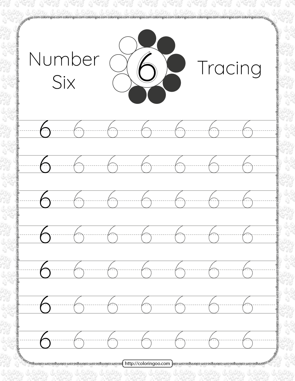 printable dotted number 6 six tracing pdf worksheet