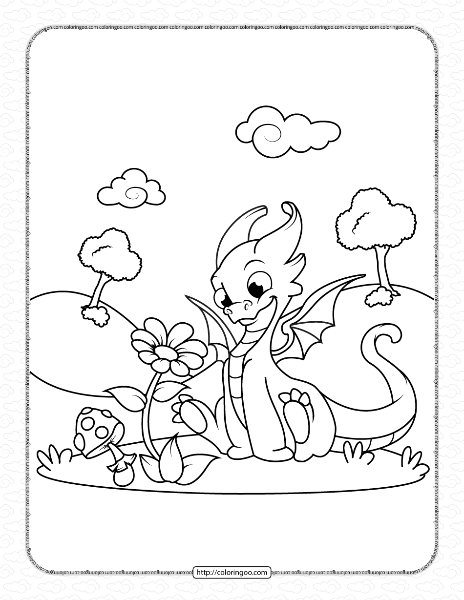 cute dragon in the forest coloring pages