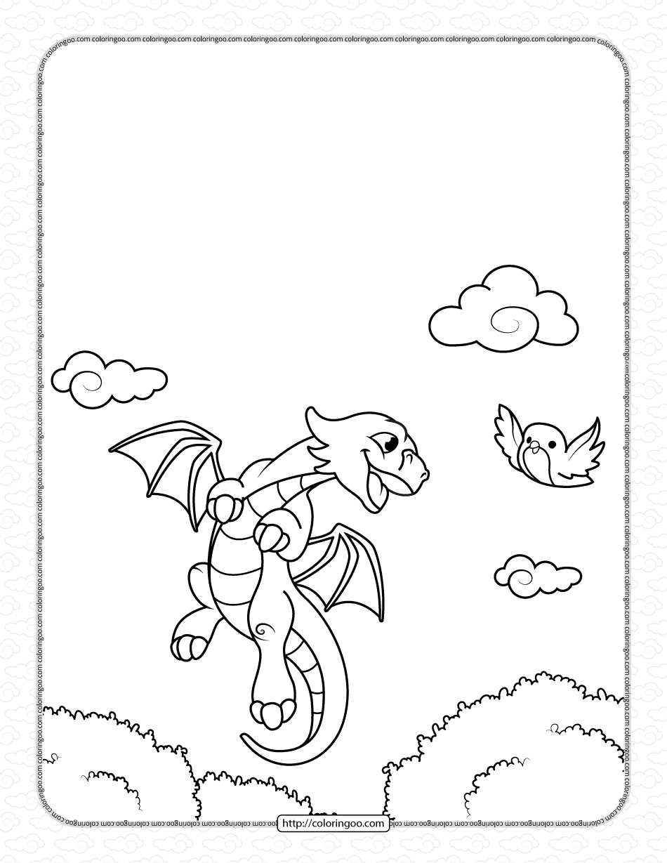 little dragon flying with a bird coloring pages