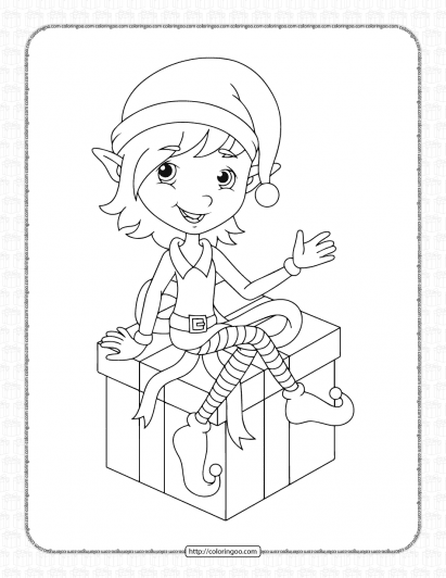elf sitting on gift box christmas coloring page