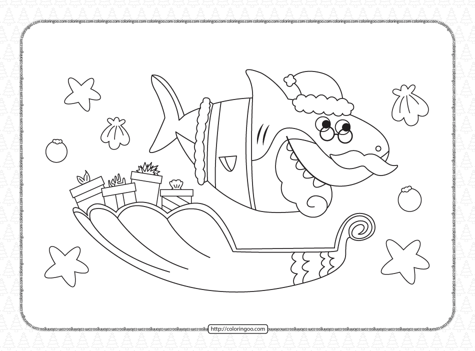 santa shark with sled christmas coloring page
