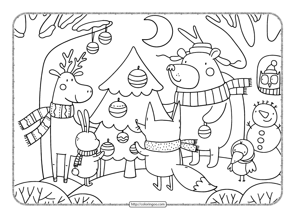 woodland animals decorating christmas tree coloring page