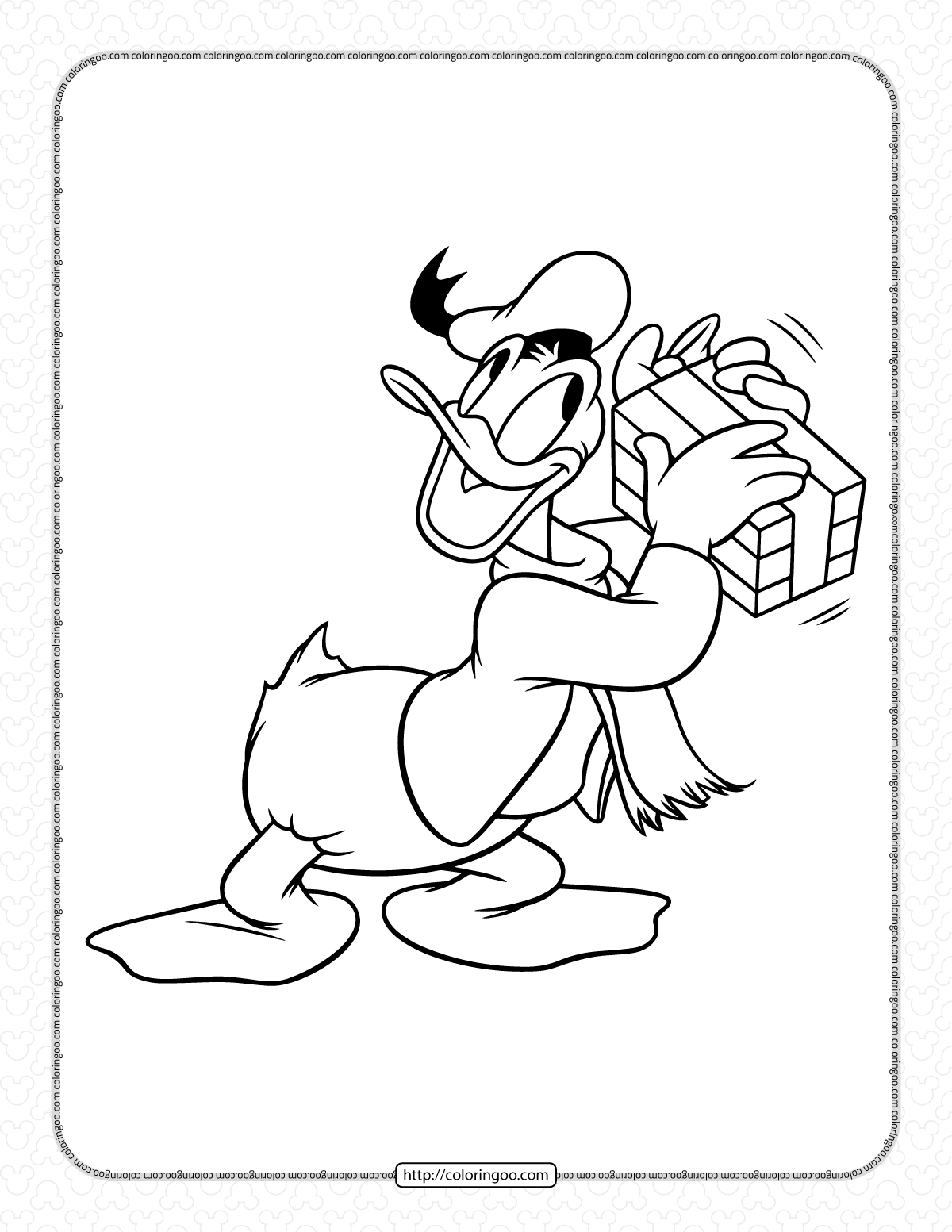 donald duck with a gift box coloring page