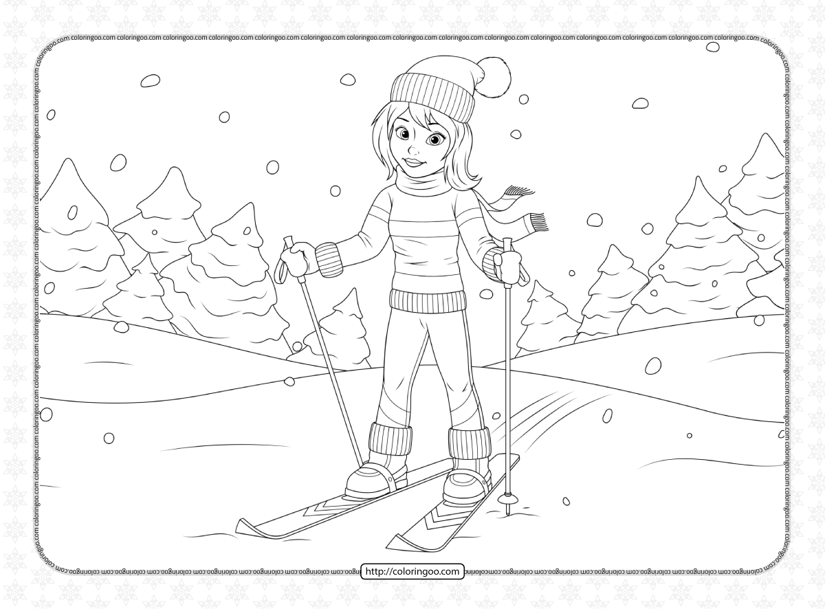 girl skiing in winter coloring page