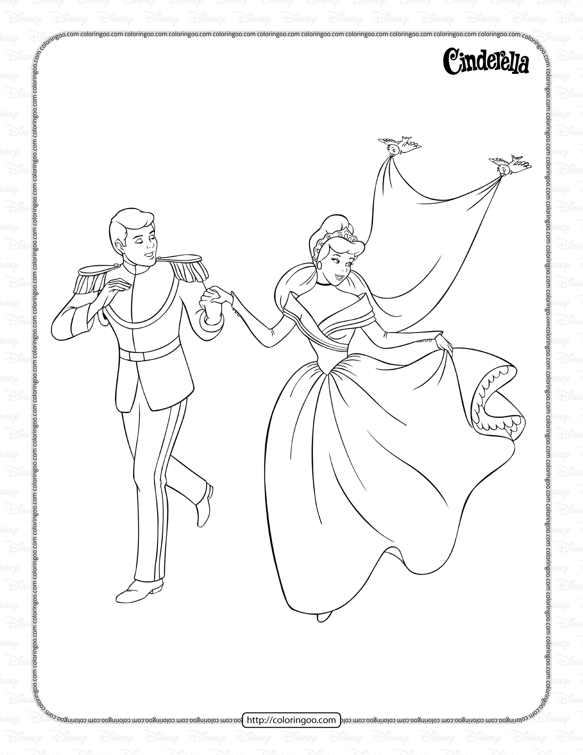 prince charming and princess cinderella wedding party coloring page