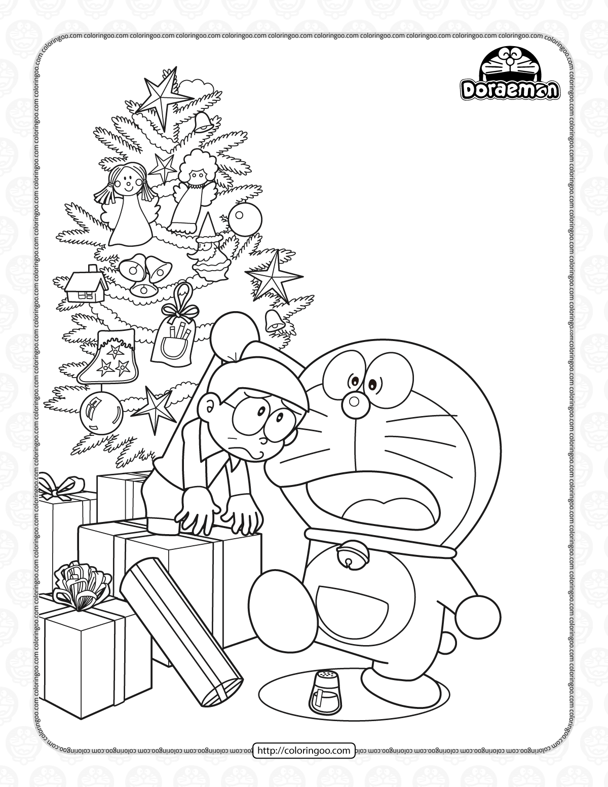 doraemon and nobita christmas tree coloring page