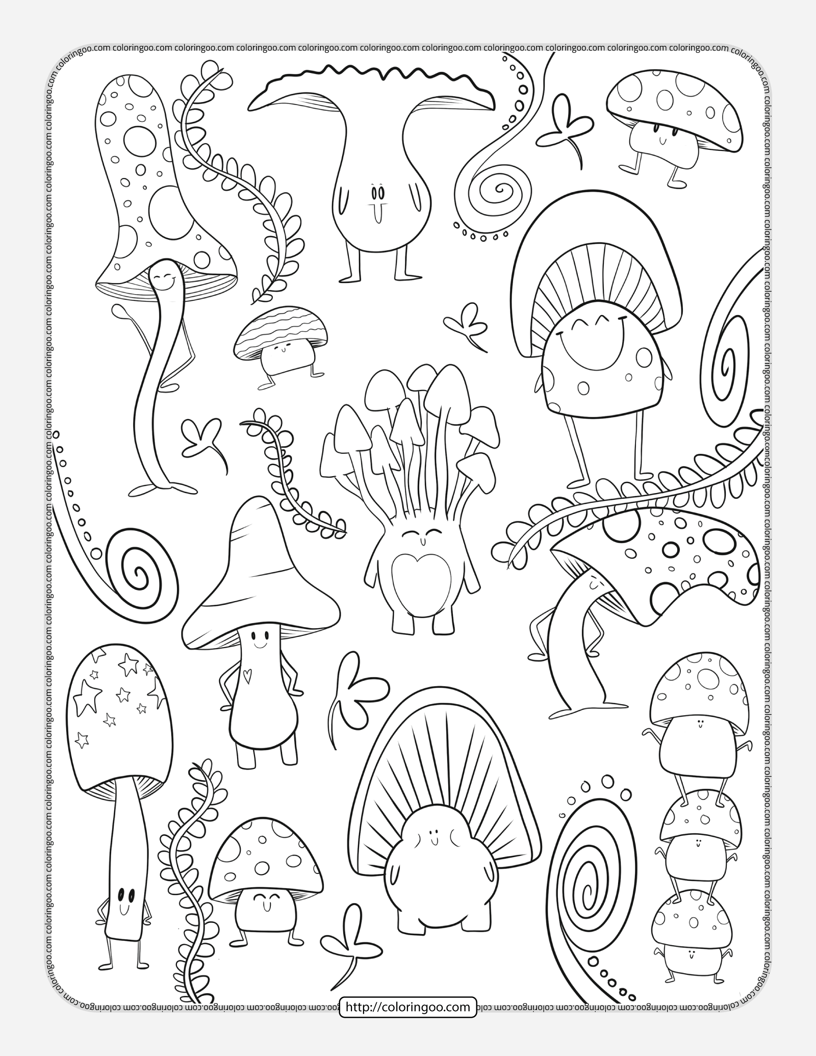 mushrooms doodle pdf coloring page