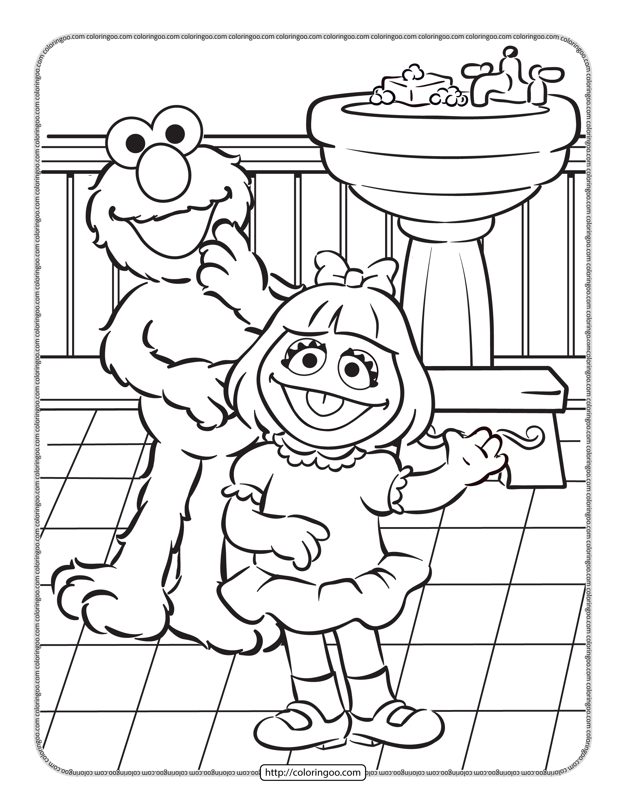 elmo and zoe in the bathroom coloring page