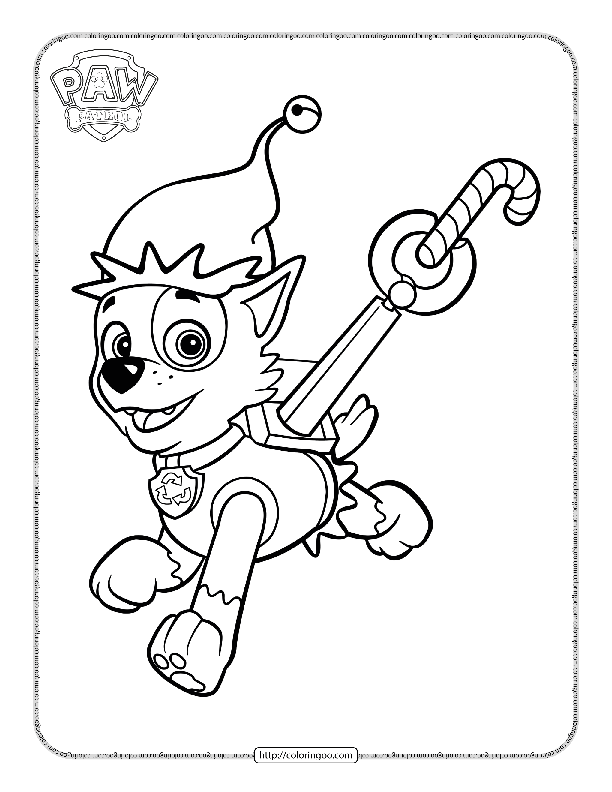 paw patrol rocky with candy cane coloring page