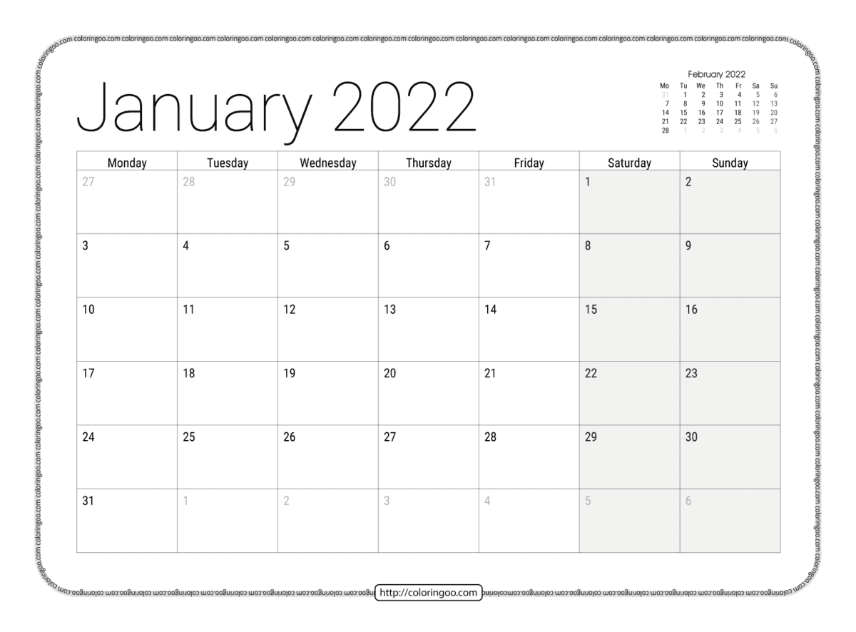 Printable Monthly 2022 Calendar Pdf