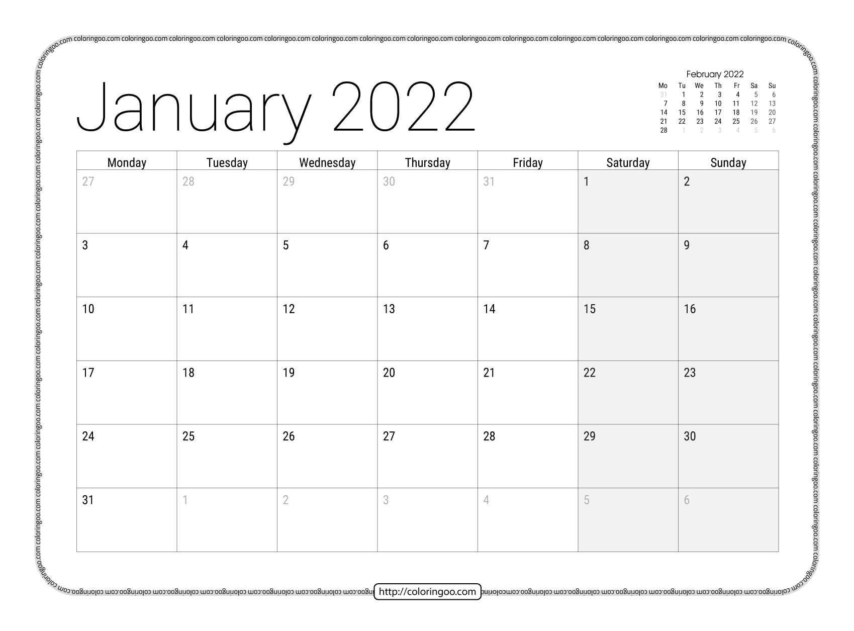 printable monthly 2022 calendar pdf