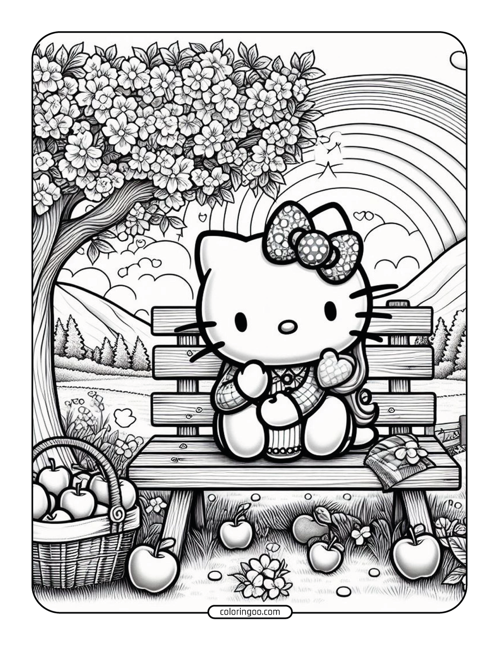 hello kitty under the apple tree coloring page